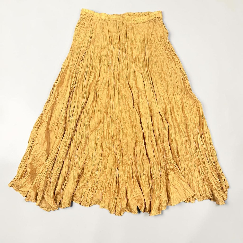 Silvana Silk Broomstick Midi Skirt Crinkle Boho Mustard Yellow S/M Women
